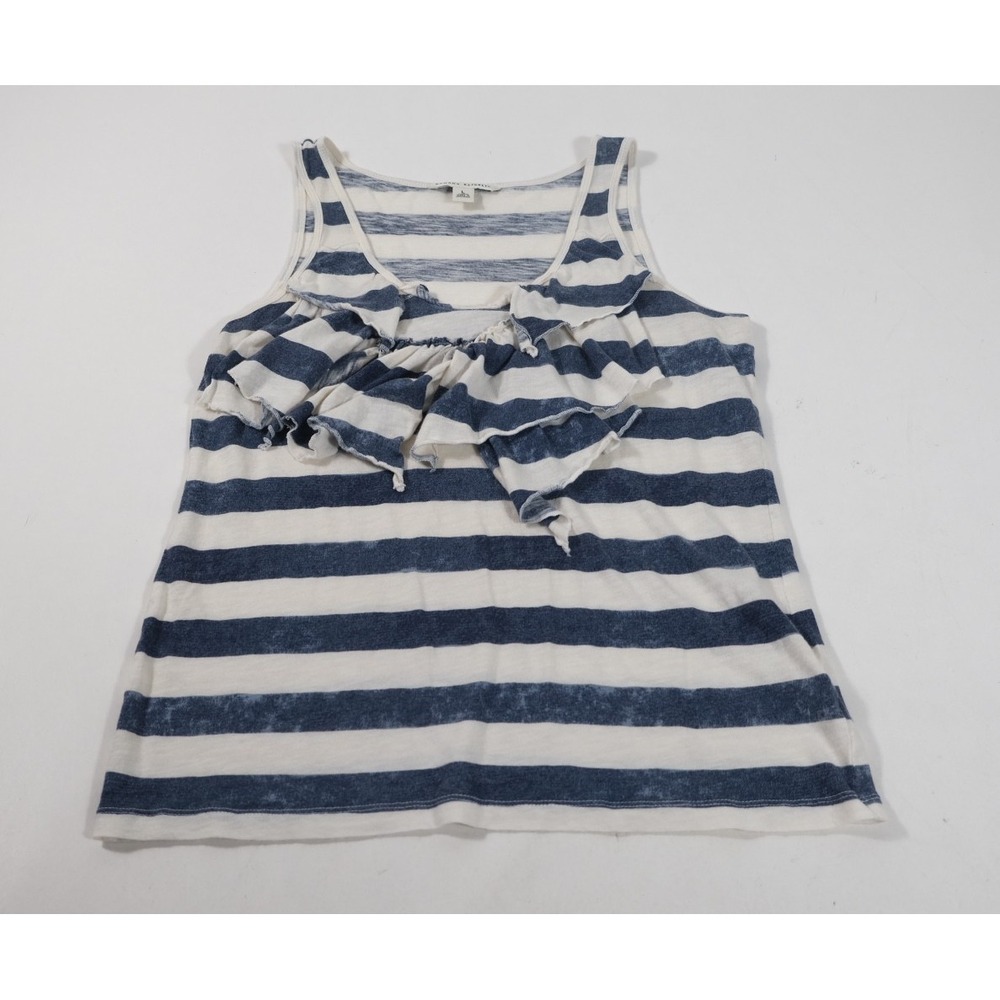 Banana Republic Tank Top Women L Blue White Striped Ruffle Front Sleeveless Knit